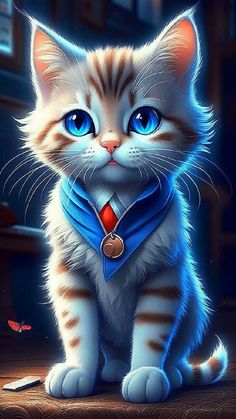 a painting of a kitten wearing a blue bandana and looking at the camera while sitting down