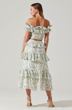 Tiered ruffle midi skirt Side pockets Concealed zipper closure on back with hook & eye closure Fully lined Self: 80% Lyocell, 20% Nylon / Lining: 100% Cotton Dry clean only Style #ACS9170 Off Shoulder Floral Top, Floral Wedding Dress, Black Sweater Dress, Astr The Label, Blue Ivory, Ruffle Skirt, Tiered Skirt, Ruffle Top, Dress Romper