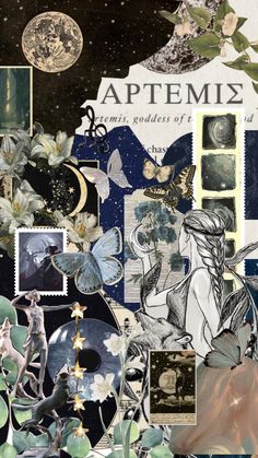 a collage of images with flowers, butterflies and moon in the sky above them