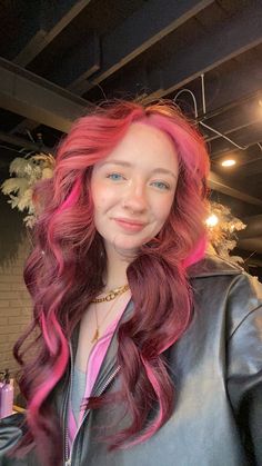 Red With Pink Money Piece, Pink Hair Money Piece, Red Hair With Pink Money Piece, Wine Red Hair With Pink Money Pieces, Red Hair Pink Money Piece, Burgandy Hair With Pink Money Piece, Red Hair Underneath, Magenta Hair Pink Money Piece, Red Money Piece