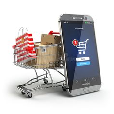 a cell phone sitting next to a shopping cart filled with boxes