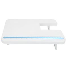 a white laptop computer stand with blue lines on the edge and bottom section, in front of a white background