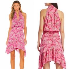 Alc Cody Floral Silk Smocked Waist Dress Size 6 New With Tags - Nwt Look Pretty In Pink On Your Next Night Out In This Silk Dress Designed With A Ruffled Halter Neck, Smocked Blouson Waist And Flounced Hem. Fit: This Style Fits True To Size. Smocked Mock Neck. Sleeveless. Plunge Keyhole With Button-And-Loop Closure. Smocked Blouson Waist. Floral Print. Silk Construction. Ruffled Flounce Hem Tropical Hibiscus Motif Pink Knee-length Smocked Ruched Dress, Pink Ruched Smocked Knee-length Dress, Pink Bohemian Smocked Beach Dress, Pink Knee-length Ruched Smocked Dress, Pink Bohemian Smocked Dress For The Beach, Pink Bohemian Smocked Dress For Beach, Chic Pink Smocked Day Dress, Pink Smocked Midi Dress With Ruched Details, Pink Ruched Smocked Midi Dress