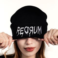 Introducing the Redrum Beanie, a high-quality unisex black acrylic beanie that's both durable and comfortable. Featuring an intricate embroidery design, this beanie is a true statement piece, perfect for adding a bold touch to any outfit. Enjoy lasting comfort and standout style with this exceptional accessory. Adjustable Beanie For Fall Streetwear, Trendy Adjustable Beanie For Streetwear, Black One Size Fits Most Beanie Cap, Adjustable Fit Hip Hop Hats For Winter, Black Bonnet Cap For Fall, Black Beanie One Size Fits Most, Black One Size Streetwear Hats, One Size Fits Most Letter Print Beanie, Trendy Black Adjustable Beanie