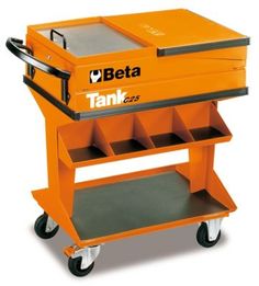 an orange work cart with two trays on the top and one shelf below it