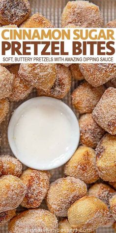 cinnamon sugar pretzel bites with dipping sauce