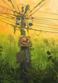 an artistic painting of power lines and street signs in the middle of a field with green grass