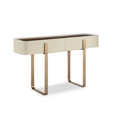 a white and gold console table with two drawers on one side, an open drawer at the top