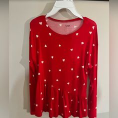 Beautiful Shirt For Valentine’s Day. Nwt Cute Red Fall Tops, Red Heart Print Casual Top, Casual Red Top With Heart Print, Casual Red Heart Print Top, Cute Long Sleeve T-shirt With Heart Print, Playful Cotton Tops With Heart Print, Cute Long Sleeve Tops With Heart Graphic, Cute Long Sleeve Top With Heart Graphic, Cute Heart Print Tops For Fall