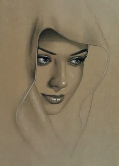 a pencil drawing of a woman's face with a veil over her head and eyes