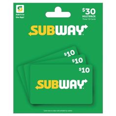 the subway card is green with yellow and white lettering on it, which reads subway $ 10