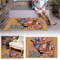 a woman sitting on the steps in front of an american flag and cow head rug