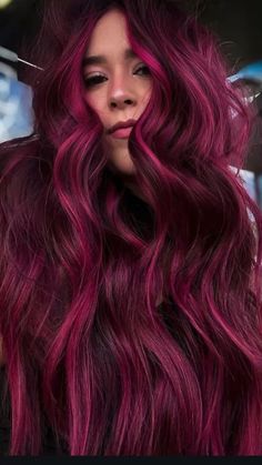 Cranberry Pink Hair, Magenta Hair Balayage, Dark Red Pink Hair, Pinky Red Hair, Red Magenta Hair, Crimson Hair Color, Coloured Balayage, Berry Hair Color, Dark Magenta Hair