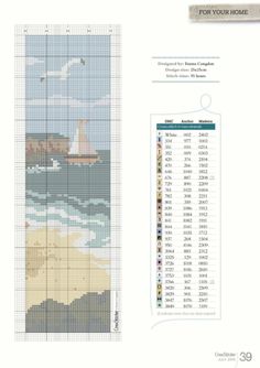 a cross stitch pattern with a sailboat on the water and an area for measurements