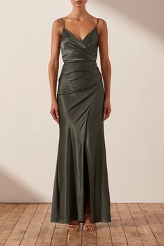 LA LUNE CROSS DRAPED MAXI DRESS - OLIVE hover Shona Joy La Lune, Charmeuse Bridesmaid Dress, Wedding Guest Dress Ideas, Philippine Wedding, Sage Dresses, Formal Dress Code, Summer Brown, Midi Bridesmaid Dress, Art Deco Mid Century