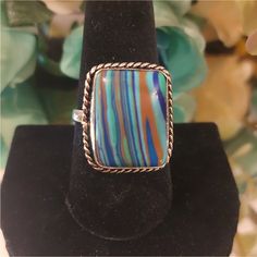 Vibrant Mam Made Colorful Stone From Mexico Size 9 Layered Colors See Pics For Descriptions Bohemian Square Multicolor Jewelry, Bohemian Multicolor Rectangular Jewelry, Bohemian Sterling Silver Ring With Rectangular Shape, Multicolor Square Jewelry For Gifts, Multicolor Square Jewelry Gift, Multicolor Rectangular Jewelry For Gifts, Multicolor Rectangular Jewelry Gift, Adjustable Rectangular Sterling Silver Ring, Elegant Multicolor Rectangular Rings