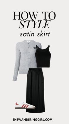 16 Amazing Satin Skirt Outfits Everyone Is Obsessed With - The Wandering Girl Satin Slip Skirt Outfit, Black Slip Skirt Outfit, Black Silk Skirt Outfit, Sleeveless Sweater Outfit, Black Skirt Outfit Winter, Gray Skirt Outfit, Skirt Office Wear