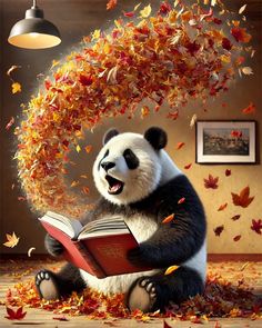 a panda bear sitting on the floor reading a book with autumn leaves falling from it