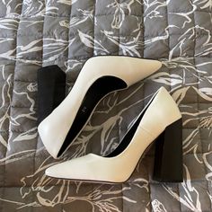 Bebo Black And White Heels. Never Worn - Perfect Condition White Pointed Toe Block Heels For Office, White High Heel Block Heels For Work, Chic White High Heel Block Heels, White Fitted Heels With Block Heel, White Fitted Block Heel Shoes, Chic White Synthetic Block Heels, White Block Heels For Work, White Block Heels For Office, White Synthetic Block Heels For Formal Occasions