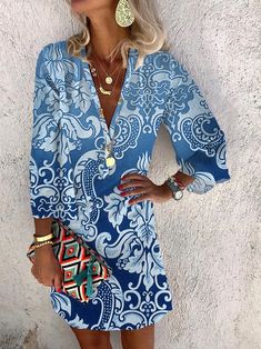 Olivia Mark - Platform Exudes Sensuality: V-neck Long Sleeve Printed Beach Short Loose Romper Trendy Summer Dresses, Bohemian Beach Style, Loose Romper, Printed Beach Dresses, Bohemian Style Dresses, Mini Dress Fashion, Cotton Blends Dress, Bohemian Beach, Ethnic Dress