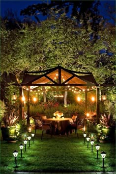 an outdoor gazebo with lights on it in the grass and some plants around it