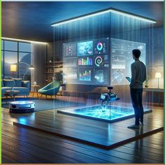 a man is standing in front of a futuristic room with various technology on the wall