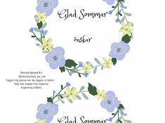 two blue flowers with green leaves and the words glad sommer written in white on them