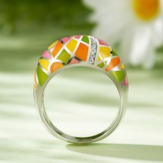 The lush color of the hand-painted enamel background blends the colors of the sun, flowers, and the greenery of summer. The designer recreates a carefree summer day with this charming sterling silver ring plated with sterling silver. A ring guaranteed to brighten your day!Weight: 7.01 gMaterial: Plating Color: Green Rings For Summer Gifts, Green Rings Suitable For Summer Gifts, Green Rings As Summer Gift, Yellow Rings For Summer Gift, Hand Painted Green Summer Jewelry, Multicolor Enamel Anniversary Ring, Green Summer Rings, Vibrant Green Summer Jewelry, Green Enamel Ring