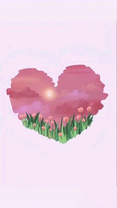 a heart shaped painting with flowers in the foreground and a pink sky behind it