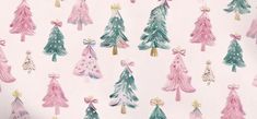 christmas trees are painted in pink and green on a white background