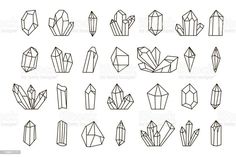 the different types of crystals are shown in black and white, with one line drawing