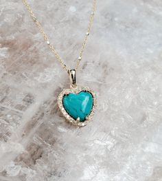 Turquoise Heart Necklace One of a Kind * inspired by Pablo Neruda's, 'Poetry'* And I, infinitesimal being,drunk with the great starryvoid,likeness, image ofmystery,felt myself a pure partof the abyss,I wheeled with the stars,my heart broke loose on the wind. _________ 14K Yellow Set w/ Turquoise * approx 1/2" wide 18.5" chain and (26) 1.25mm Halo Diamonds *back of necklace designed with multiple 💗 Blue 14k Gold Heart Pendant Jewelry, 14k Gold Turquoise Necklace For Gift, Elegant Turquoise Heart-shaped Jewelry, Turquoise Pendant Necklace With Clavicle Chain, Fine Jewelry Turquoise Pendant Necklace, Fine Jewelry Turquoise Pendant Necklace Gift, Elegant Turquoise Necklace With Heart Charm, Elegant Turquoise Heart Cut Jewelry, Turquoise Heart Pendant Necklace