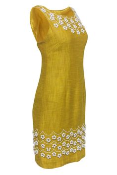 This stand out yellow dress has all of the fit and flare you need. Delicate beading along the neckline and hem highlight the garment. This little number is a favorite! Size 4 81% Cotton, 19% Linen Made in USA Lined Round neckline Back zipper closure Beading along neckline & hem Bust 32" Waist 28.5" Shoulder to hem 36.5" Beaded Dress, Yellow Dress, Round Neckline, Fit And Flare, Beading, Sewing Patterns, Size 4, Summer Dresses, Zipper