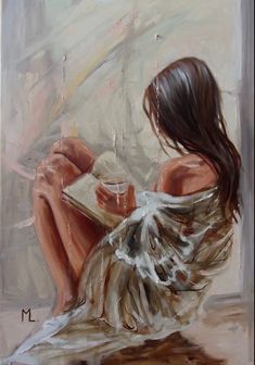 a painting of a woman sitting on the floor reading a book and holding a cup