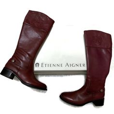 Absolutely Gorgeous Pair Of Etienne Aigner Boots In A Rich Cabernet Sauvignon Color. These Boots Have A Full Inside Zipper, With An Elastic Insert That Allows For An Easy, Snug Fit. And Although You Won’t See It Once Worn, I Had To Take A Picture Of The Silk Liner On These Boots Because It Is So Pretty! Luxury Burgundy Boots With Leather Lining, Aigner Boots, Etienne Aigner Boots, Elegant Red Boots With 4-inch Heel, Suede High Heel Boots, Brown Leather Riding Boots, Short Brown Boots, Black Leather Riding Boots, Black Riding Boots