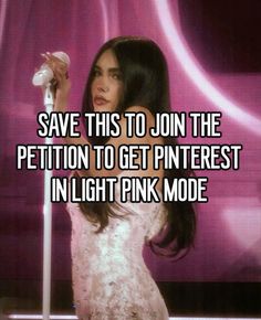 a woman in white dress standing next to a pole with text saying save this to join the petition to get pinterest in light pink mode