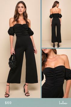 Make headlines in the style section with the Lulus Impress Release Black Off-the-Shoulder Puff Sleeve Jumpsuit! Medium-weight, stretchy crepe knit creates an off-the-shoulder neckline (with hidden no-slip strips), a ruched bodice, and short puff sleeves with elastic at the shoulders and banded cuffs. High waist sits above cropped wide pant legs. Hidden back zipper. Fit: This garment fits true to size. Length: Ankle length. Size medium measures 47.75" from shoulder to hem. Inseam: 25.50 Front Ris Stretch Off-shoulder Jumpsuit For Night Out, Black Off-shoulder Jumpsuits And Rompers For Spring, Fitted Off-shoulder Ruffled Jumpsuit, Stretch Off-shoulder Solid Jumpsuits And Rompers, Puff Sleeve Jumpsuit, Casual Black Off-shoulder Jumpsuit/romper, Culotte Jumpsuit, Adhesive Bra, Ruched Bodice