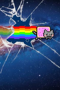 a broken glass window with an image of a cat in the center and a rainbow on it