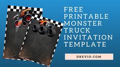 an image of monster trucks in the air with text overlay that reads free printable monster truck invitation template