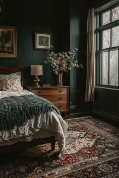 Moody Modern Traditional Bedroom, Cottagecore Bedroom Dark, Jewel Tone Dark Moody Bedroom, Moody Blue And Green Bedroom, Farmhouse Moody Bedroom, English Country Decor Modern, Craftsman Bedroom Ideas Master Suite, Bedroom Ideas Victorian House, Modern Moody Home Decor