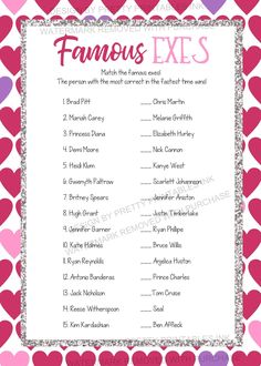 a valentine's game with hearts and the words famous exes