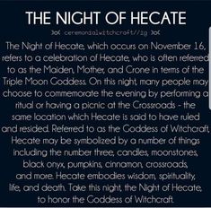 the night of hecatet is written in white on a black background with an orange and