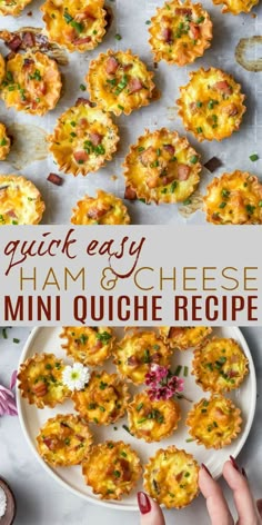 mini quiche recipe on a white plate with text overlay