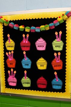 a bulletin board decorated with cupcakes and candles