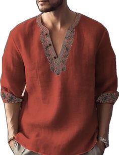 Red Printed V-neck Shirt, Casual V-neck Kurta For Summer, Traditional V-neck Fall Tops, Bohemian Crew Neck Shirt For Vacation, Red Tunic Tops For Fall, Red Fall Tunic Top, Casual Long Sleeve Kurta For Festivals, Casual Embroidered Summer Kurta, Red Bohemian Shirt For Spring