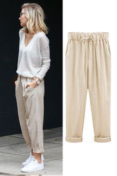 Waist Outfit, Celana Jogger Wanita, Casual Chique Stijl, Loose Linen Pants, Loose Pants Outfit, Linen Pants Outfit, Cropped Linen Pants, Beige Pants