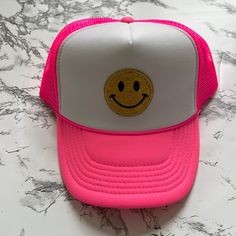 Nwot Slight Blemish As Shown In Photos Casual Pink Trucker Hat For Festival, Cute Summer Trucker Hat With Flat Brim, Adjustable Smiley Face Hat For Spring, Cute Summer Baseball Cap With Short Brim, Pink Summer Trucker Hat With Short Brim, Pink Trucker Hat With Short Brim For Summer, Fun Short Brim Trucker Hat For Beach, Fun Short Brim Trucker Hat For The Beach, Casual Pink Mini Hat With Flat Brim