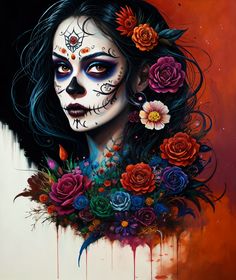 a painting of a woman with flowers in her hair and day of the dead makeup