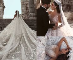 the bride and groom are posing for pictures in their wedding gowns, which have sequin embellishment on them