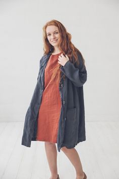 "DETAILS * Oversize linen jacket with two pockets * Stylish accent - buttons on the front * Comfort for every day * Made from soft wash medium weight (185 gsm) 100 % European linen fabric * The length of this linen jacket is +/- 1.05 m (41.3\"), the sleeve length is +/- 63 cm (24.8\"). * Height of the model is 165 cm (5′ 5″) and she is wearing jacket in size M/L and charcoal blue color * Please choose another color and size on the right * Product number: C01 CARE LABEL * machine wash gentle (40 Classic Oversized Linen Outerwear, Gray Linen Long Sleeve Outerwear, Single-breasted Linen Outerwear For Daywear, Linen Outerwear With Button Closure, Relaxed Fit, Single-breasted Relaxed Fit Linen Outerwear, Wearing Jacket, Charcoal Blue, Plus Size Linen, Linen Coat